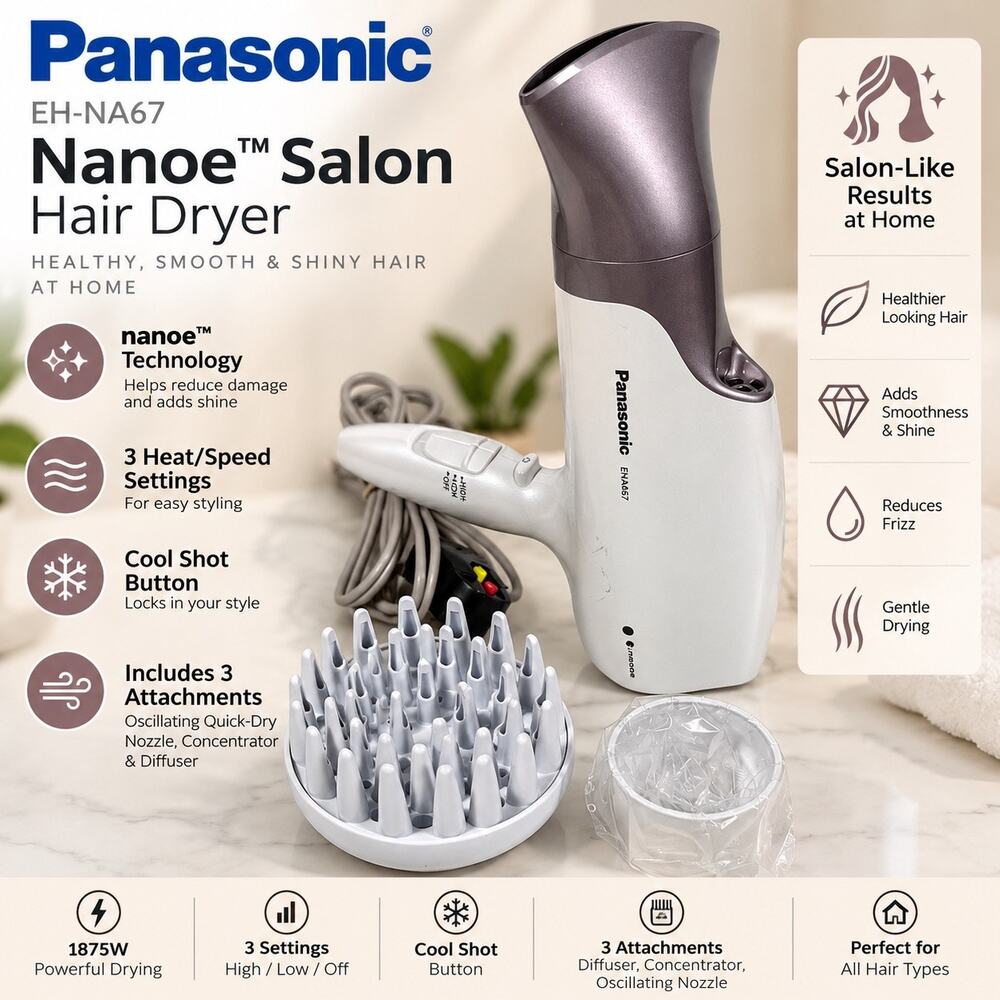 Panasonic EH-NA67 Nanoe Hair Dryer 1875W w/ 3 Attachments Open Box